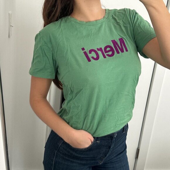 Merci Paris logo graphic tee t-shirt in green and purple, size S - Picture 1 of 3